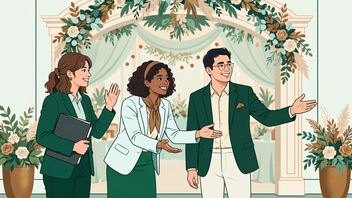 Trois élèves en tenue professionnelle accueillent des invités à l'entrée d'une salle décorée, l'une tenant un planning.