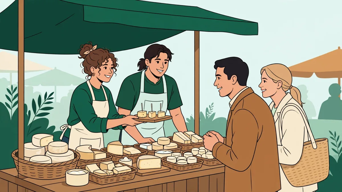 Deux apprentis en tablier qui font goûter des morceaux de fromage aux clients sur un étal de marché.