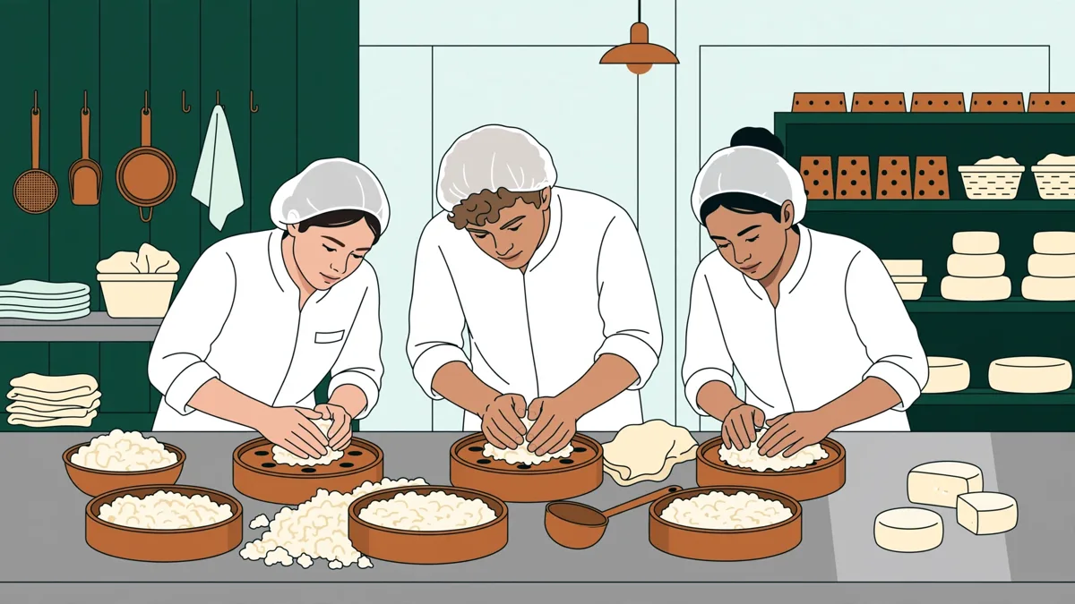 Trois apprentis en tenue blanche et charlotte qui retournent des fromages dans des moules sur une table inox.