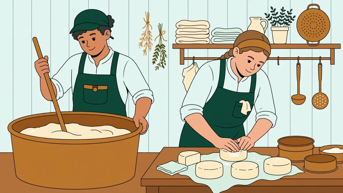 Deux apprentis en tablier qui fabriquent du fromage fermier dans un petit atelier, l'un remuant une cuve pendant que l'autre moule.
