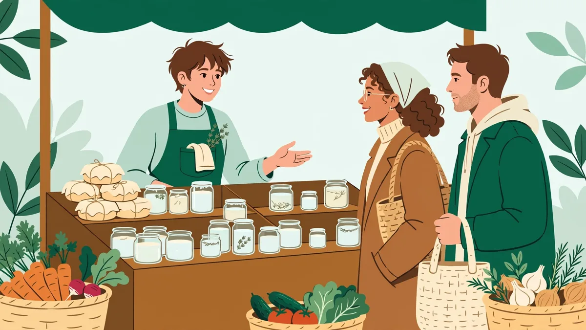 Une apprentie qui vend fromages et bocaux sur un étal de marché et discute avec deux clients.