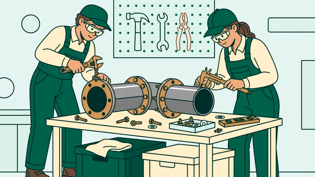 Deux apprentis en tenue d'atelier montent une portion de tuyauterie en acier sur un établi, l'un serre un collier pendant que l'autre vérifie l'alignement.