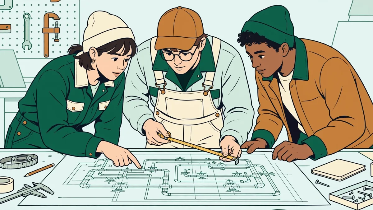 Trois apprentis penchés sur un grand plan de tuyauterie déplié sur un établi, l'un pointe un tronçon pendant qu'un autre tient un mètre.