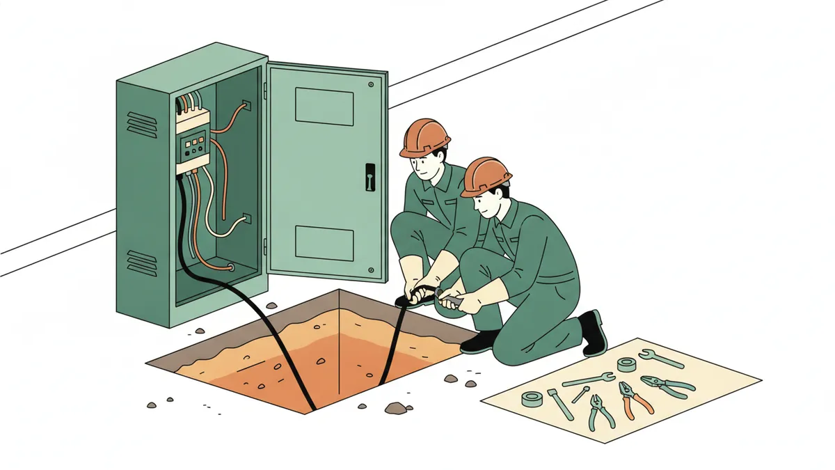 Deux jeunes techniciens casqués tirent un gros câble au bord d’une tranchée vers une armoire électrique ouverte.