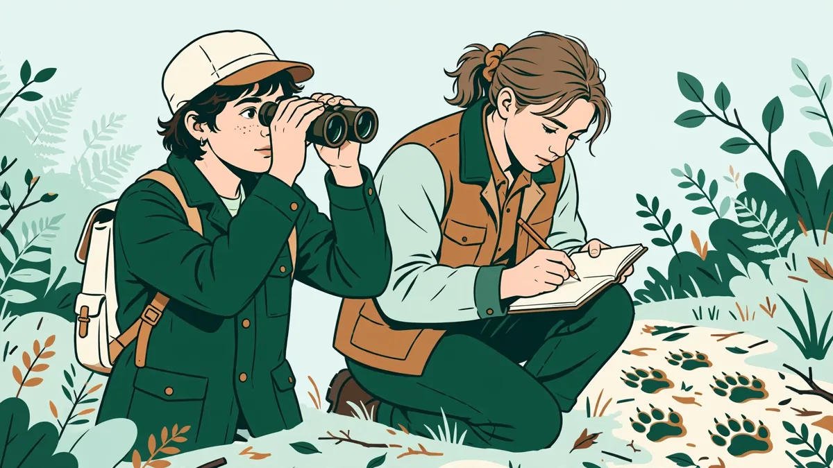 Deux apprentis en tenue de terrain dans une clairière, l'un observe aux jumelles pendant que l'autre note des indices sur un carnet de suivi.