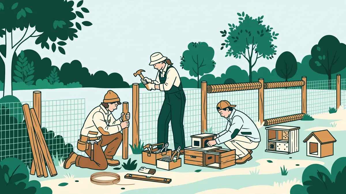 Trois apprentis en lisière de forêt installant une clôture et des abris à faune avec piquets, outils et brouette.