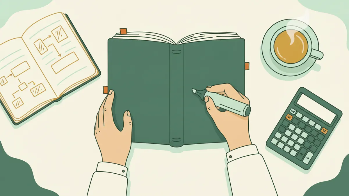 Un étudiant surligne un manuel épais, carnet de schémas, calculatrice et tasse de thé à côté.