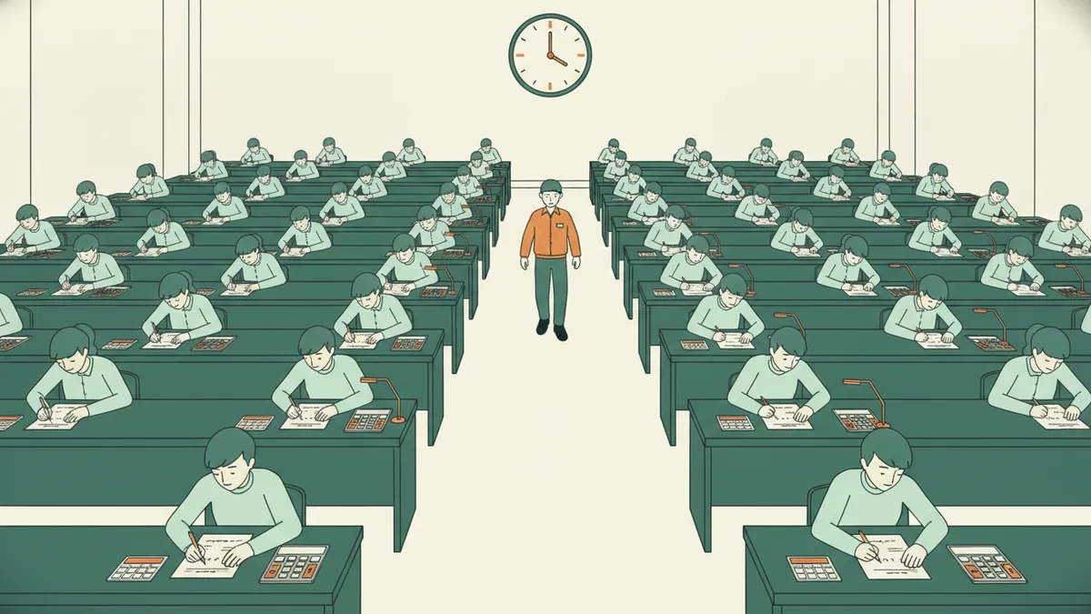 Une grande salle d’examen avec des étudiants concentrés qui composent avec calculatrice, sous une horloge murale
