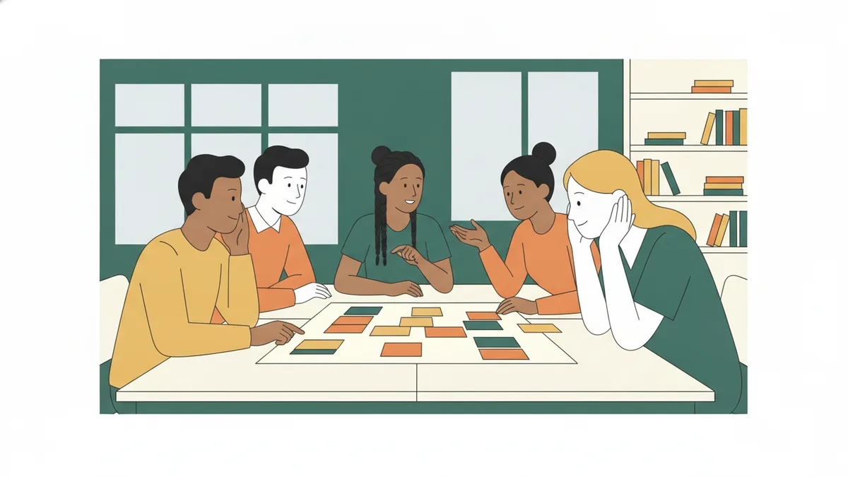 Six étudiants autour de tables rapprochées partagent des cartes de couleur pendant qu'une formatrice écoute le récit d'une situation de stage.