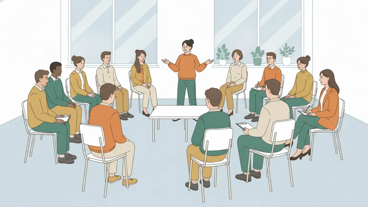 Une dizaine de candidats assis en cercle dans une salle claire, une jeune femme debout parle pendant que deux professionnels prennent des notes.