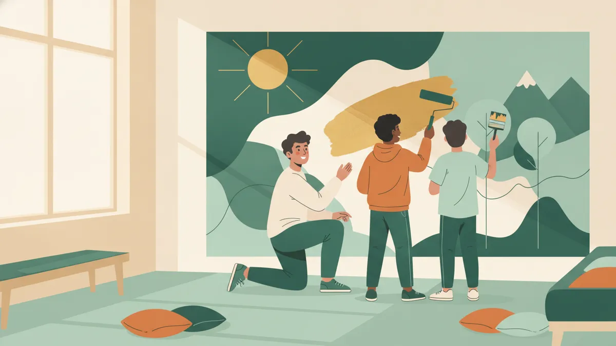 Dans la salle commune d'un foyer, un étudiant éducateur encourage deux adolescents qui peignent une grande fresque murale.
