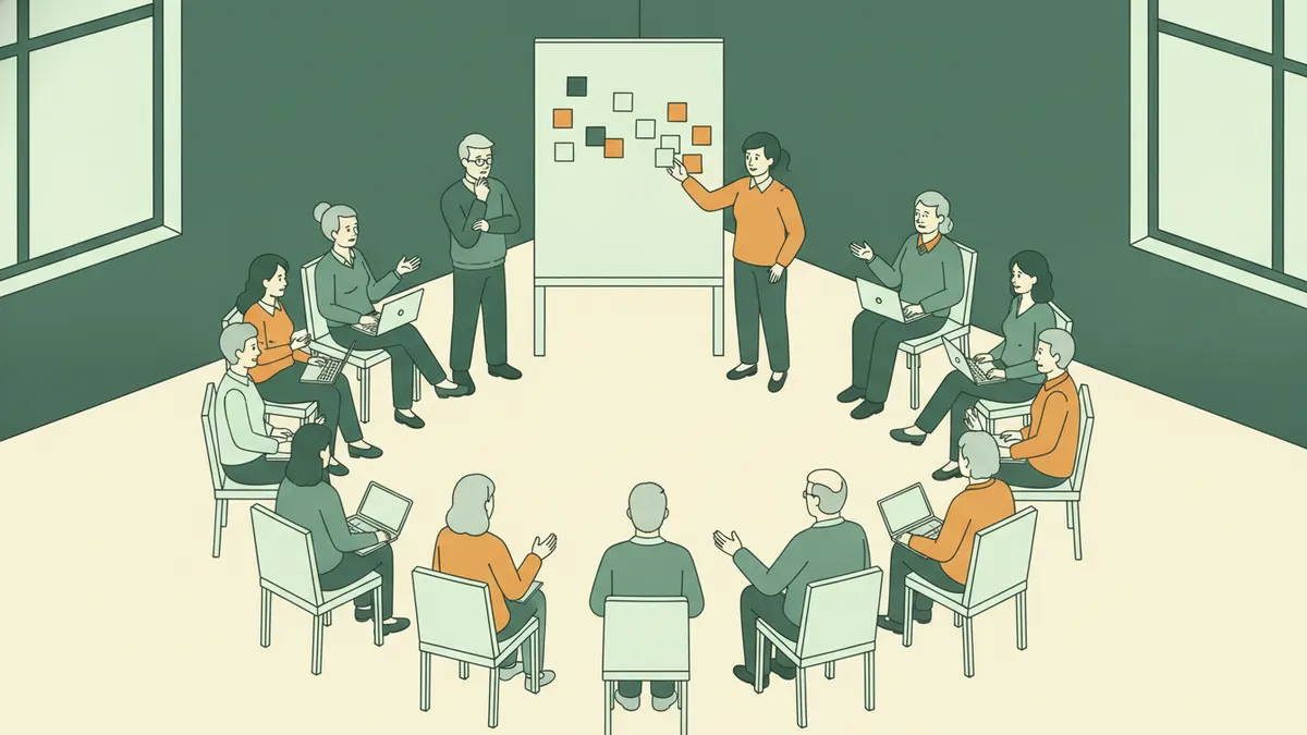 Dans une salle de formation, des étudiants en cercle discutent d'une situation pendant qu'une étudiante affiche des notes au tableau.