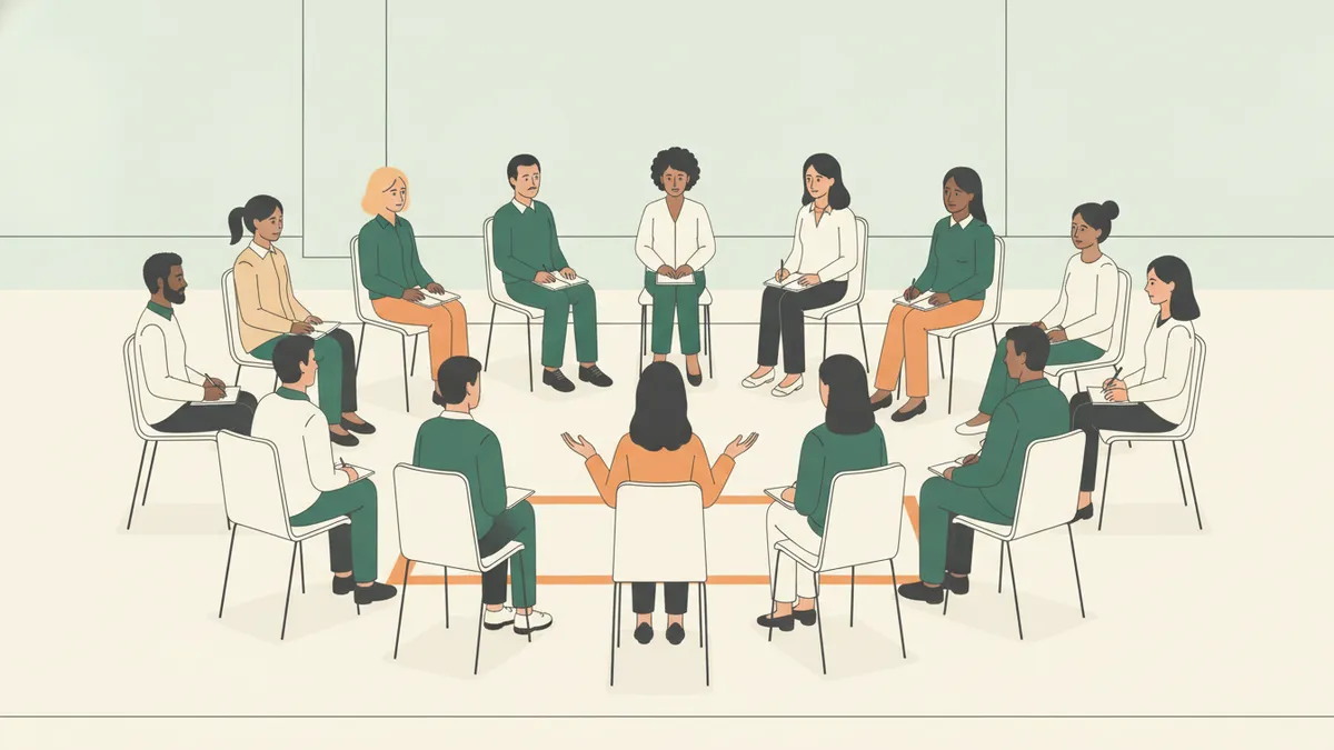 Une douzaine d'étudiants de profils variés assis en cercle avec un formateur, une étudiante parle pendant que les autres écoutent.