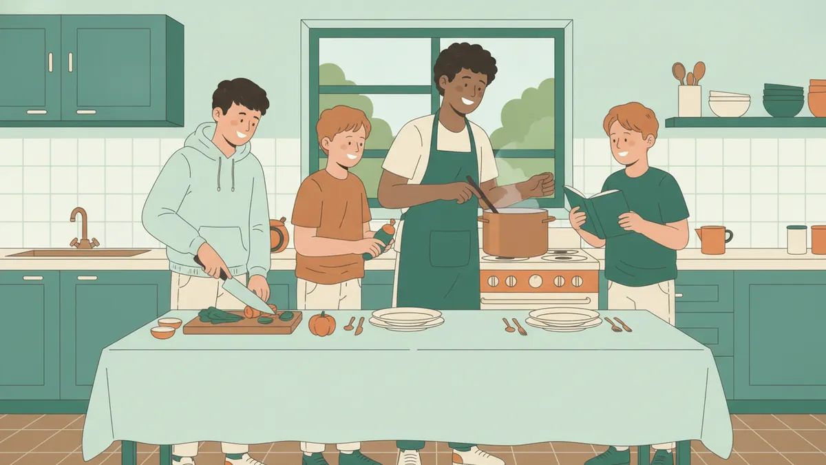 Dans la cuisine d'un foyer, un jeune éducateur prépare un repas avec trois adolescents.