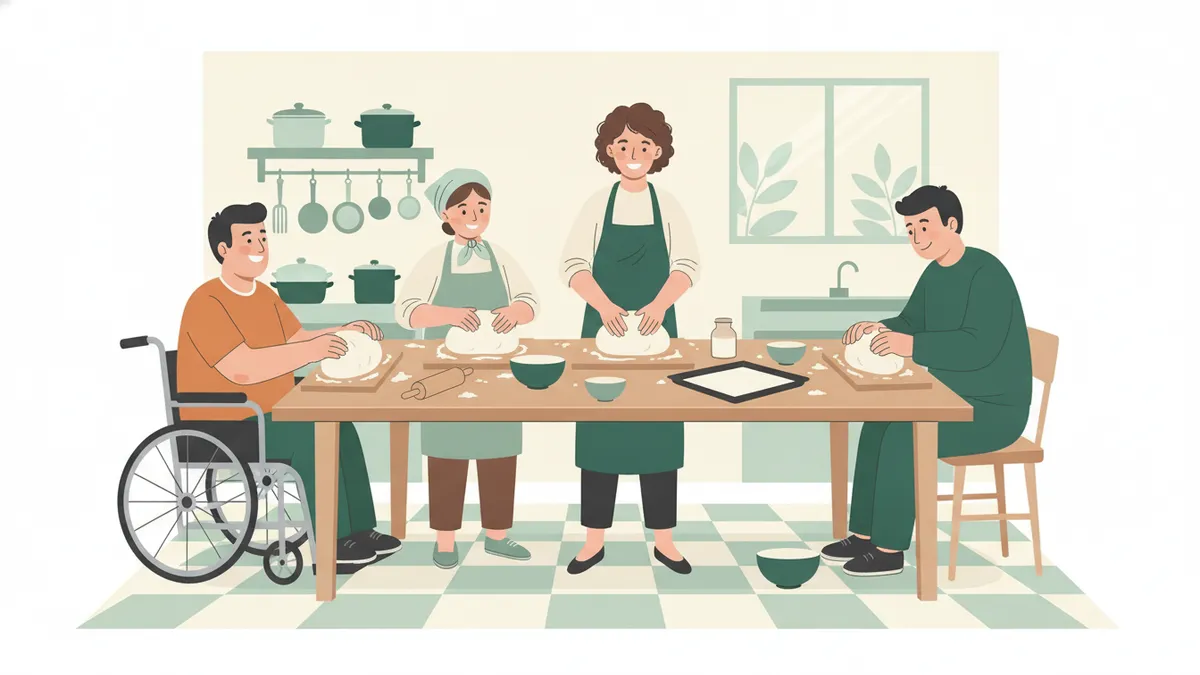 Un étudiant éducateur anime un atelier cuisine avec trois adultes en situation de handicap autour d'une table.