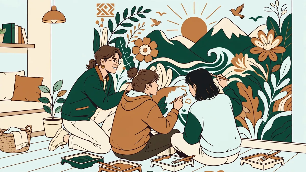 Dans la salle commune d'un foyer, un jeune éducateur encourage deux adolescents qui peignent une grande fresque murale colorée.