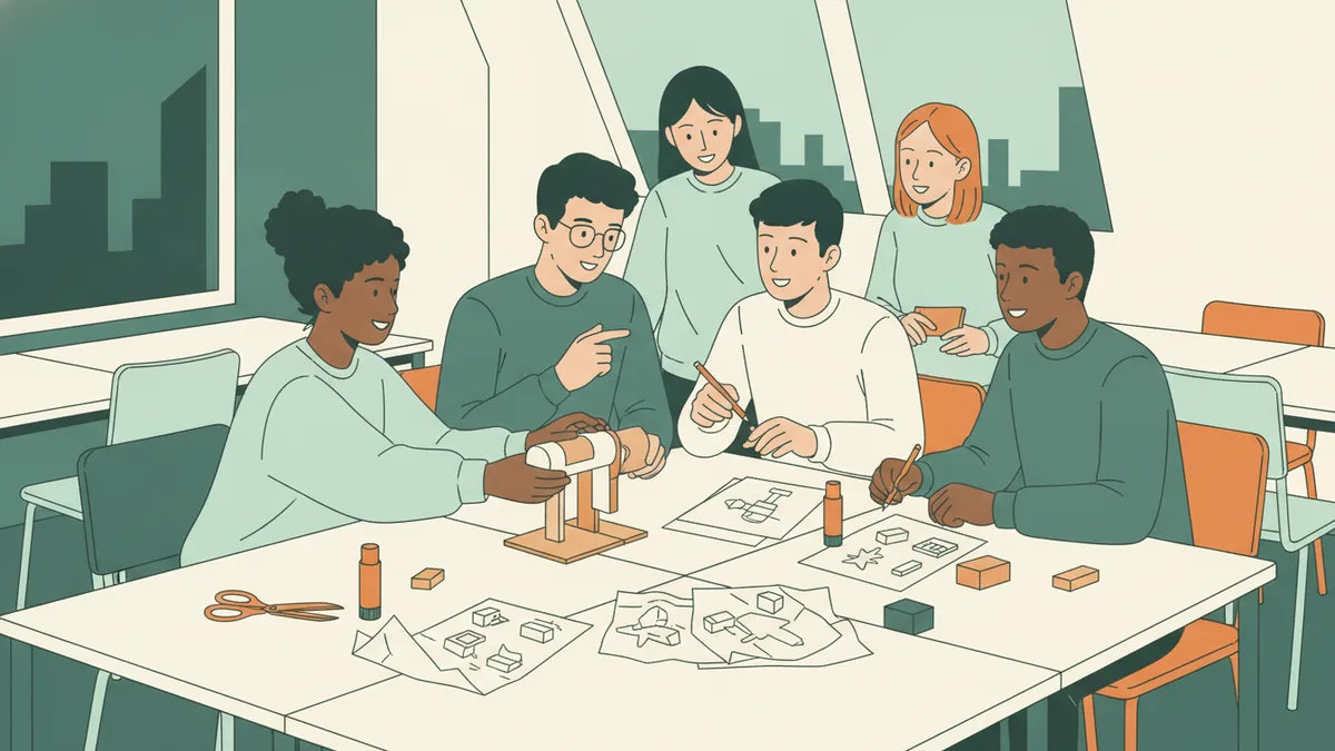 Cinq étudiants autour d'une table fabriquent un prototype d'outil adapté en carton et mousse, croquis étalés.
