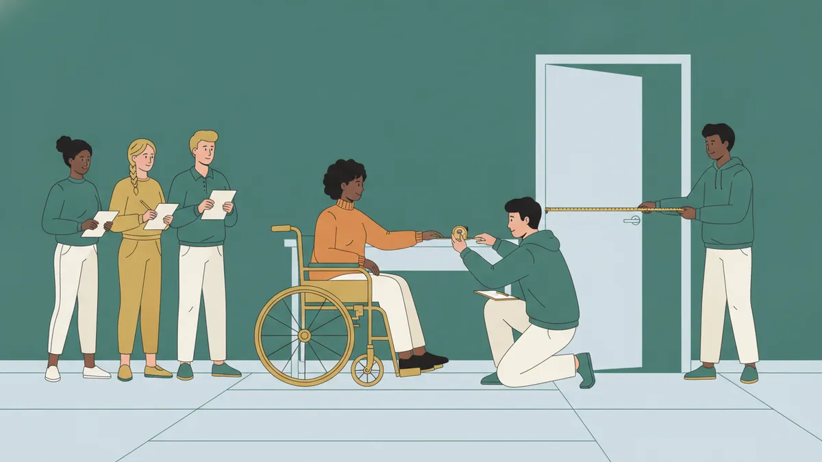 Une étudiante en fauteuil roulant teste le passage d'une porte pendant qu'un camarade mesure la largeur avec un mètre ruban.