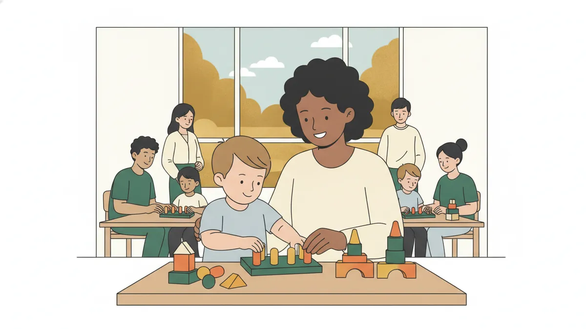 Une étudiante ergothérapeute joue avec un jeune enfant à une petite table avec des chevilles colorées et des cubes