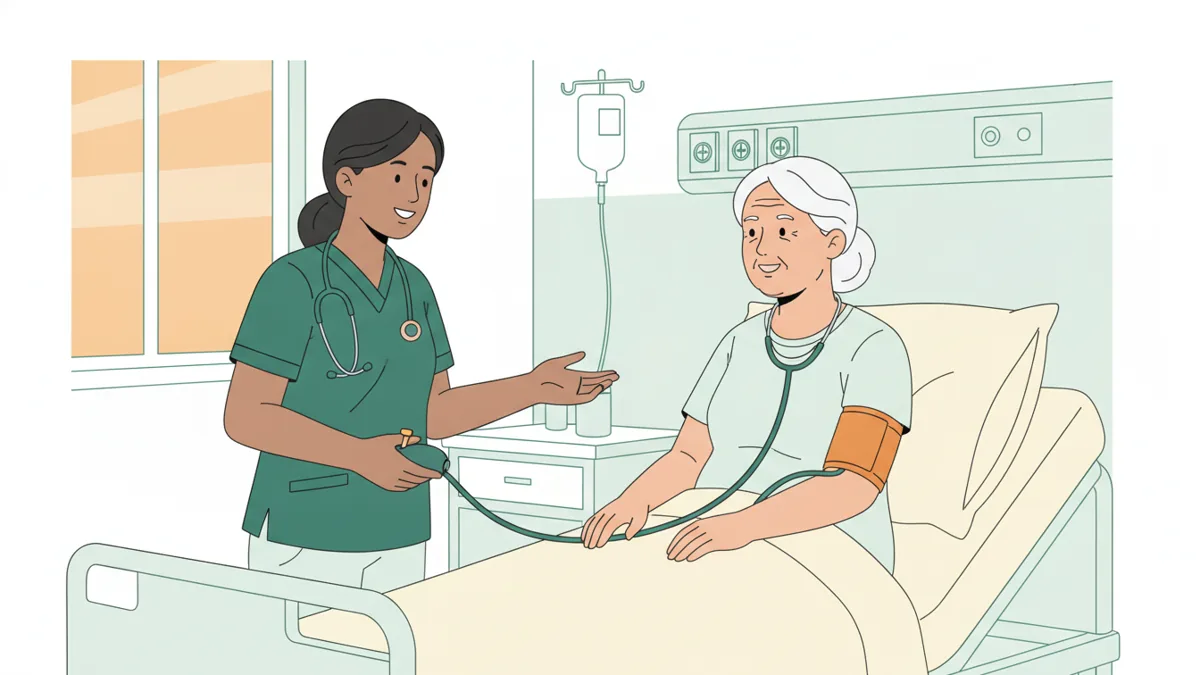 Dans une chambre d'hôpital, une étudiante infirmière prend la tension d'une patiente âgée assise dans son lit.