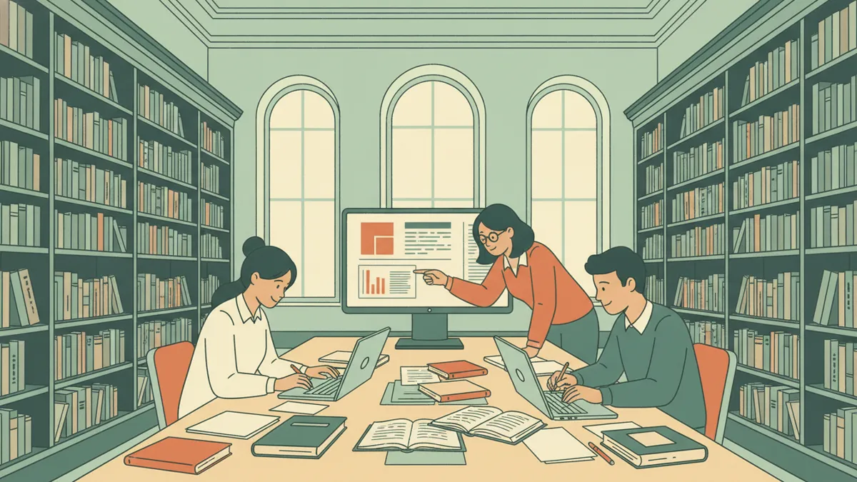 Dans une bibliothèque, trois étudiants infirmiers travaillent ensemble autour d'ordinateurs et de livres ouverts.
