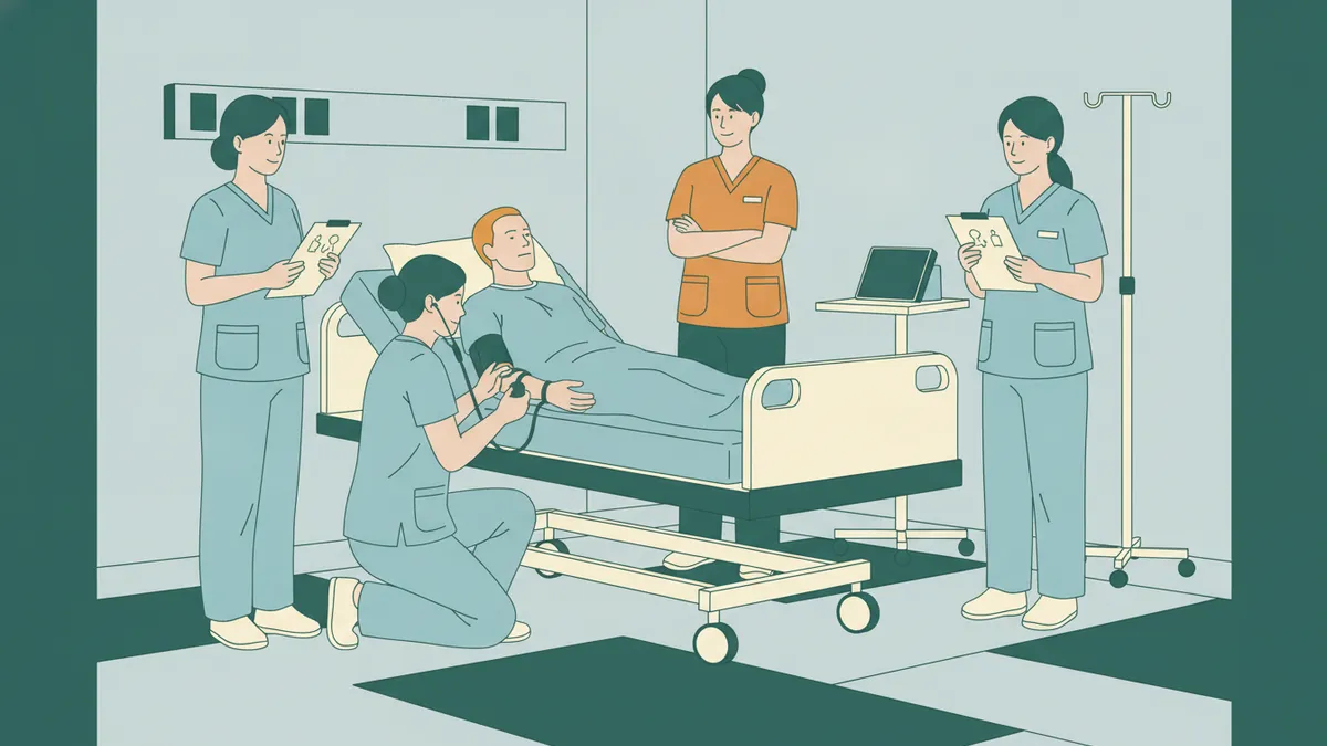 En salle de simulation, une étudiante infirmière prend la tension d'un mannequin patient pendant que deux camarades et une formatrice observent.