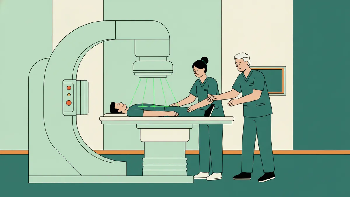 En salle de radiothérapie, une étudiante installe un patient allongé sous un accélérateur, guidée par des lasers, avec son tuteur à côté.