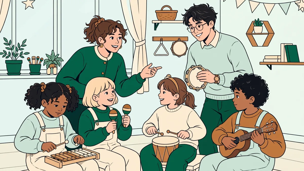 De jeunes professeurs animent un atelier où des enfants jouent de petits instruments.
