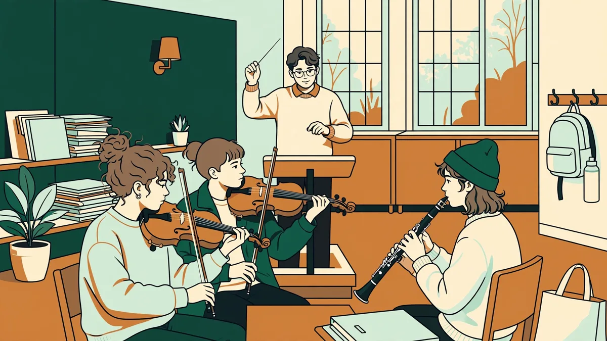 Une étudiante dirige un petit ensemble d'adolescents au violon et à la clarinette dans une salle lumineuse.