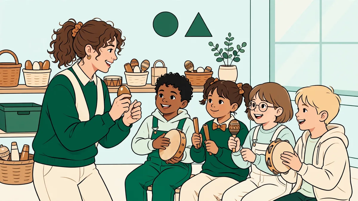 Une jeune professeure stagiaire anime un atelier rythme avec des enfants aux percussions.