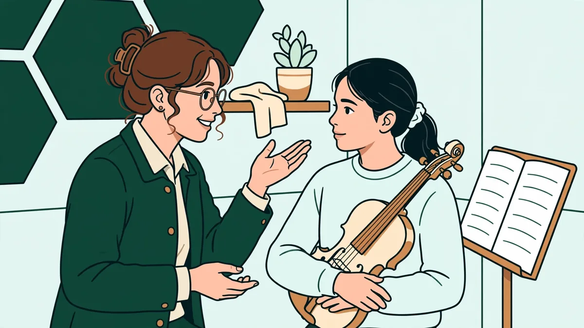 Un étudiant donne un cours individuel de violon à une adolescente en salle de répétition.