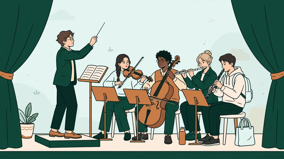 Des étudiants musiciens répètent en petit ensemble dirigé par une jeune cheffe dans une salle de concert lumineuse.