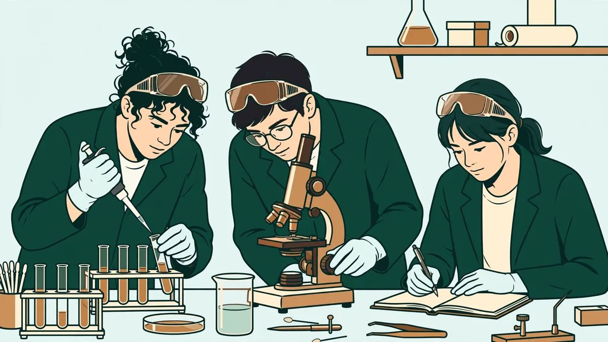 Trois étudiants en blouse et gants autour d'une paillasse de laboratoire, l'un pipette un tube, une autre règle un microscope, le troisième note les résultats