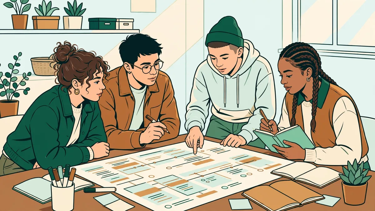 Quatre futurs coordinateurs autour d'une table qui construisent ensemble un projet sur un grand papier, planning et notes partagés.