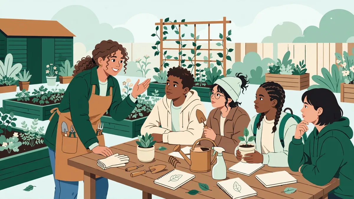 Une jeune coordinatrice qui anime un atelier en extérieur avec des adolescents autour d'une table de jardin partagé.