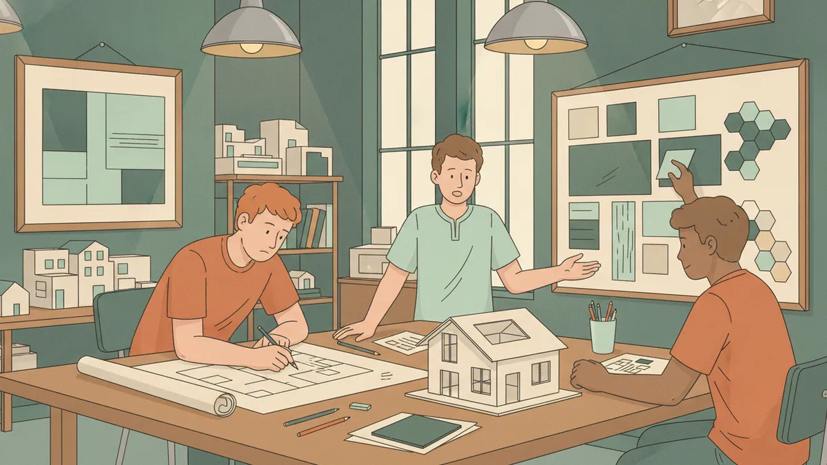 Illustration : trois étudiants autour d'une grande table d'atelier, l'un dessine un plan, un autre prépare un tableau d'échantillons de matériaux, le troisième montre une maquette en carton.