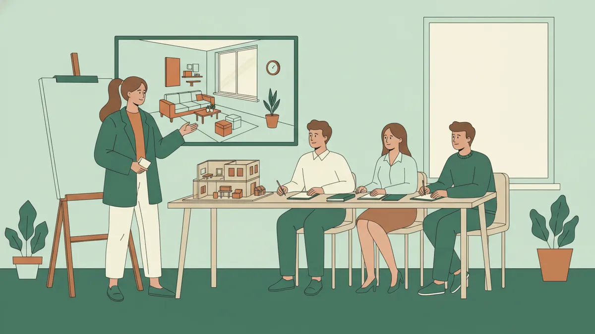 Illustration : une étudiante présente son projet devant trois professionnels, un écran montre le rendu 3D d'un salon et une maquette en carton est posée sur la table.