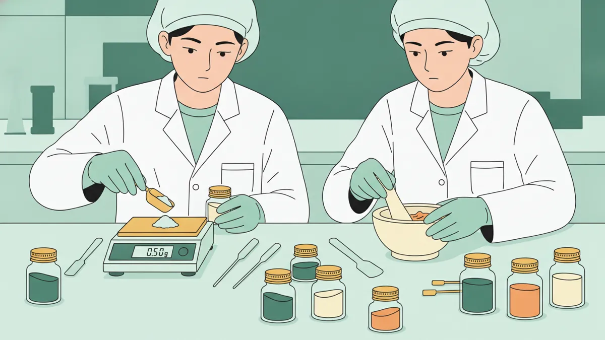 Deux apprentis en blouse et charlotte dans un laboratoire de pharmacie, l'un pèse une poudre sur une balance de précision, l'autre mélange une crème dans un mortier.
