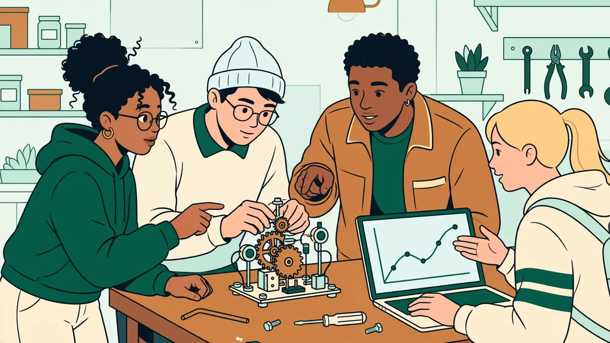 Quatre étudiants autour d'un établi qui règlent un petit système mécanique instrumenté et suivent les mesures sur un ordinateur portable.