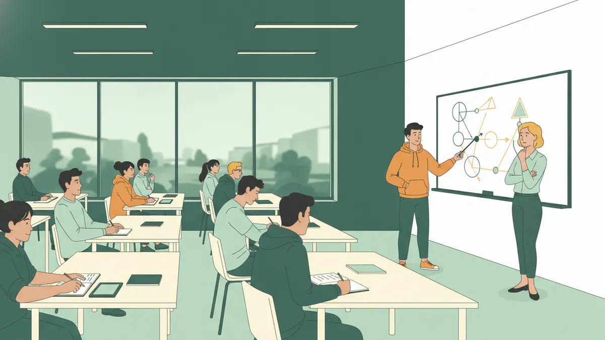 Dans une salle de travaux dirigés lumineuse, des étudiants travaillent sur des exercices et l'un d'eux explique un schéma au tableau.