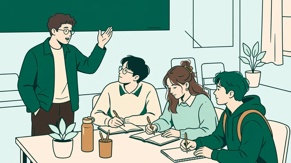 Illustration dessinée d'étudiants qui débattent dans un amphithéâtre, une étudiante debout qui argumente pendant que les autres prennent des notes.