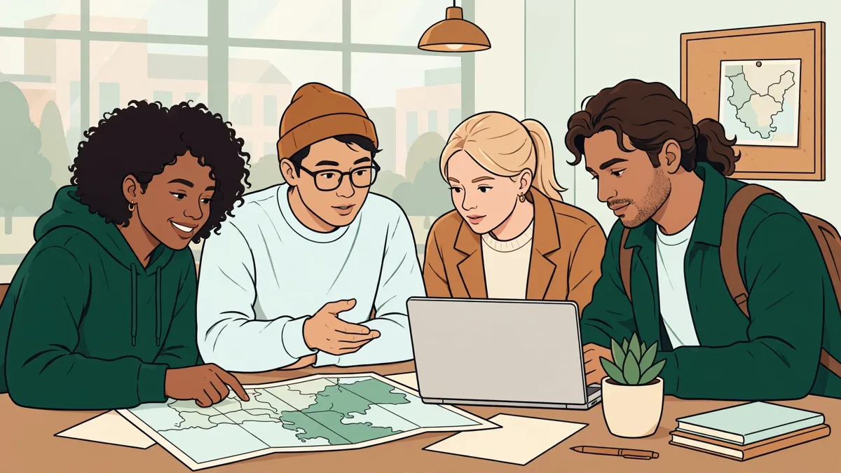 Illustration dessinée de quatre étudiants autour d'une table qui préparent un exposé avec cartes et ordinateur portable.
