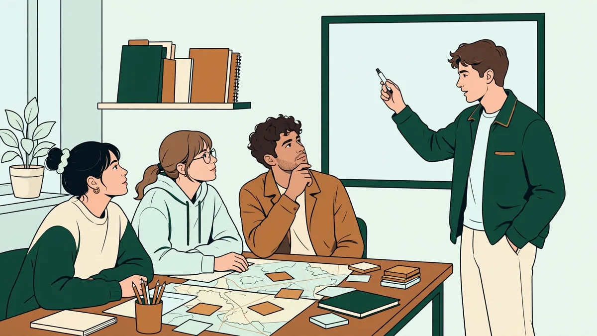 Quatre étudiants en commerce autour d'une table qui préparent une présentation avec notes et schémas devant un tableau blanc