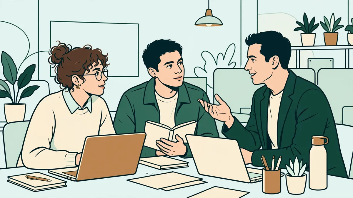 Deux étudiants en stage qui échangent en anglais avec leur manager dans un bureau lumineux