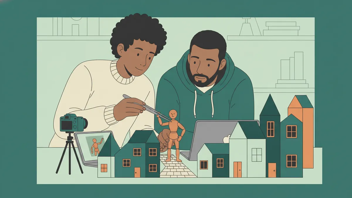 Gros plan sur deux étudiants qui animent une petite figurine sur un décor miniature en carton, avec appareil photo sur trépied et ordinateur.