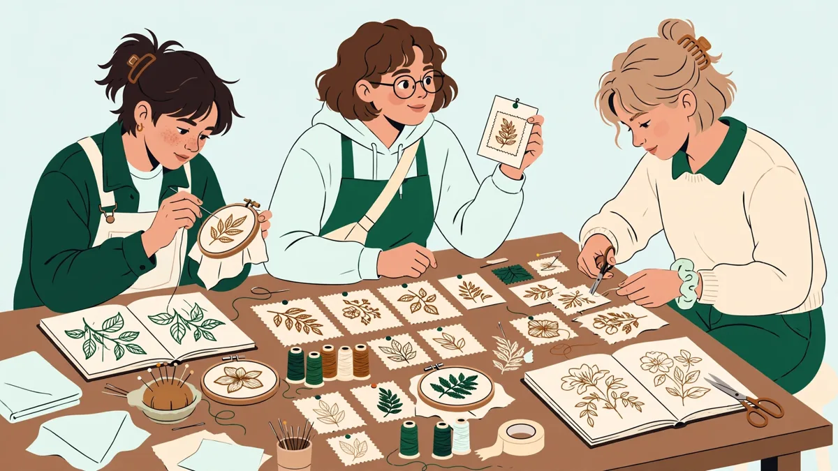 Trois étudiants testant des échantillons de fils et de tissus innovants sur une grande table d'atelier, carnets ouverts.