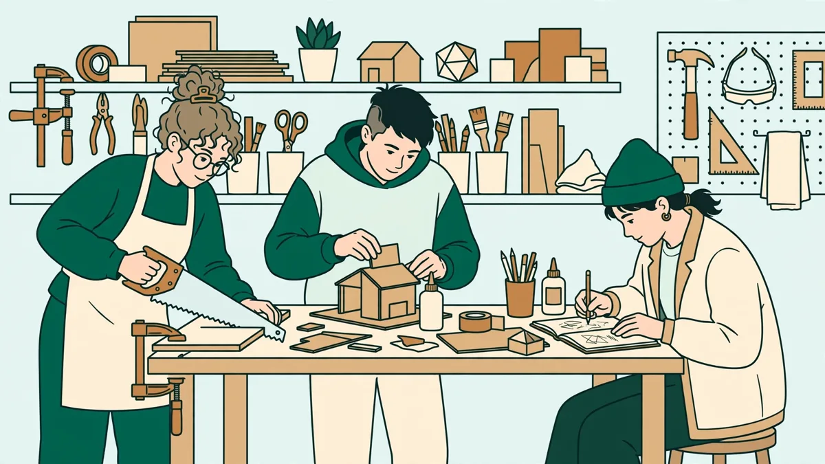 Trois étudiants autour d'un établi : l'une scie une planche fine, un autre ajuste une maquette en carton, la troisième prend des notes.