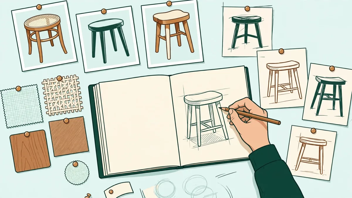 Une étudiante dessine un tabouret dans son carnet, entourée de photos d'objets, d'échantillons de matériaux et de croquis punaisés.