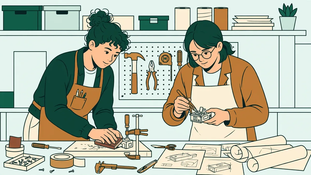 Deux étudiants qui poncent et assemblent un petit prototype d'objet sur un établi d'atelier lumineux.