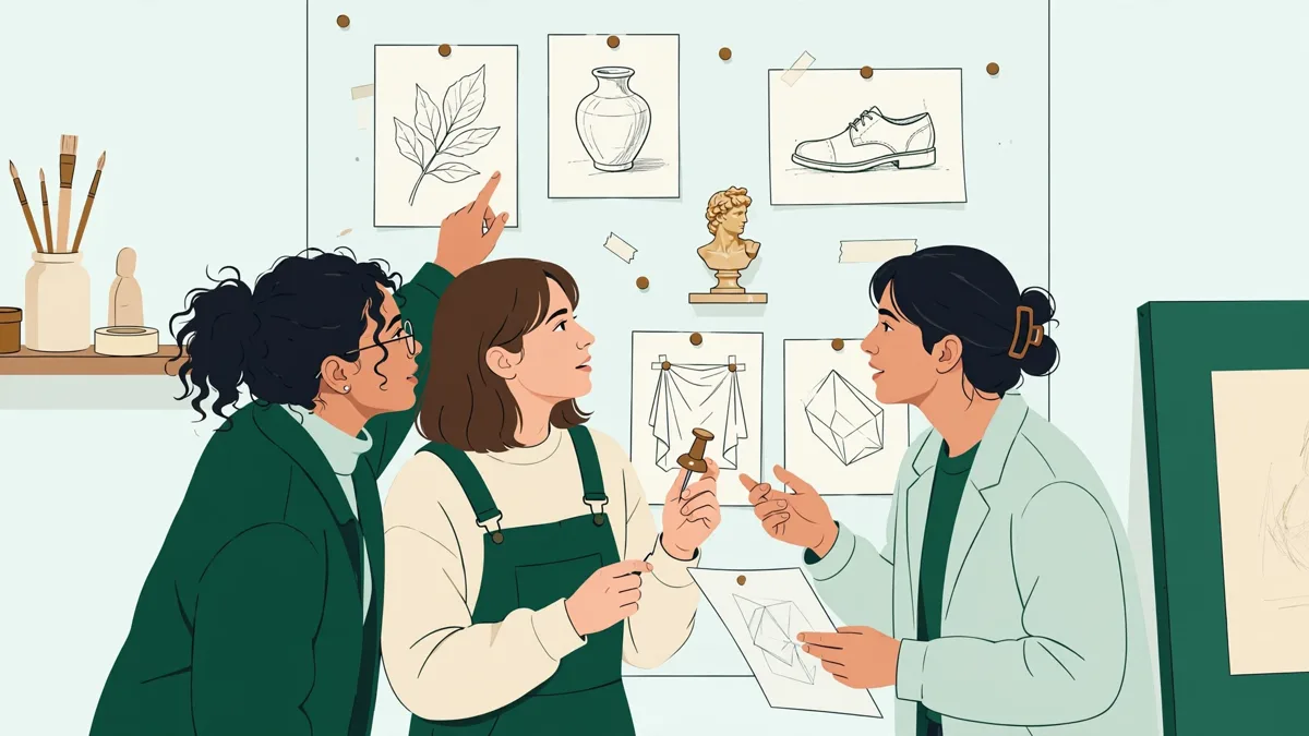 Trois étudiants qui affichent croquis et maquette au mur d'un studio et en discutent ensemble.